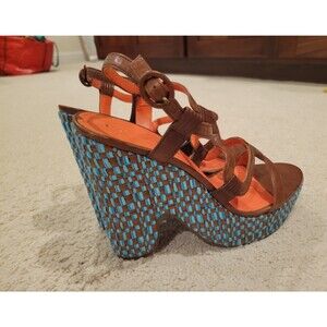 VIA SPIGA Cai Leather Platform Woven Wedge Sandals Strappy Blue Brown 9M Party